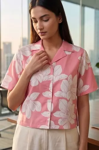 Floral Print Tropical Satin Shirt Style Crop Top