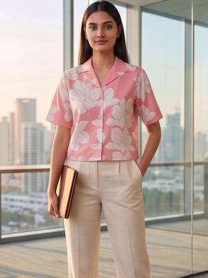 Floral Print Tropical Satin Shirt Style Crop Top 7