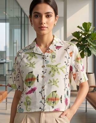 Print Satin Shirt Style Crop Top 2