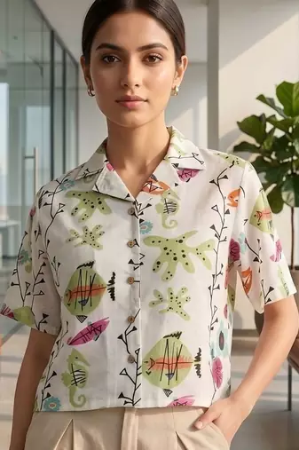 Print Satin Shirt Style Crop Top