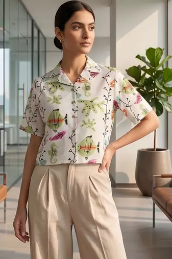 Print Satin Shirt Style Crop Top
