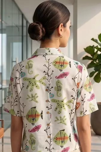 Print Satin Shirt Style Crop Top