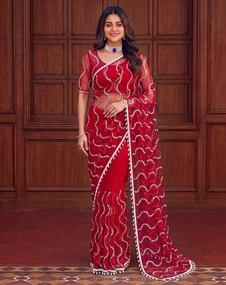 Red designer net saree with beads, sequins & pearl embroidery 1