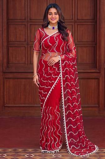 Red designer net saree with beads, sequins & pearl embroidery
