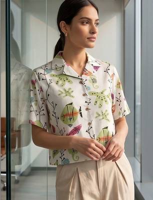 Print Satin Shirt Style Crop Top 6
