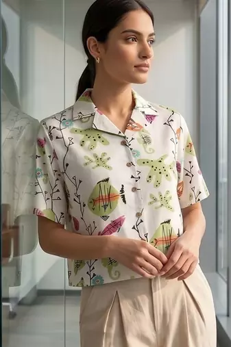 Print Satin Shirt Style Crop Top