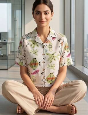 Print Satin Shirt Style Crop Top 7