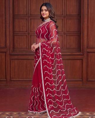 Red designer net saree with beads, sequins & pearl embroidery 2