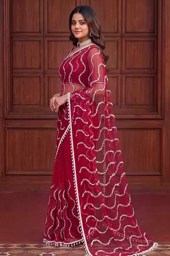 Red designer net saree with beads, sequins & pearl embroidery