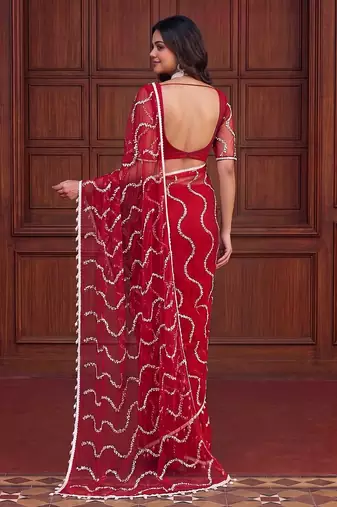 Red designer net saree with beads, sequins & pearl embroidery