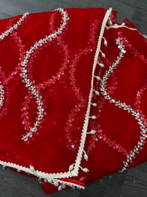 Red designer net saree with beads, sequins & pearl embroidery 5