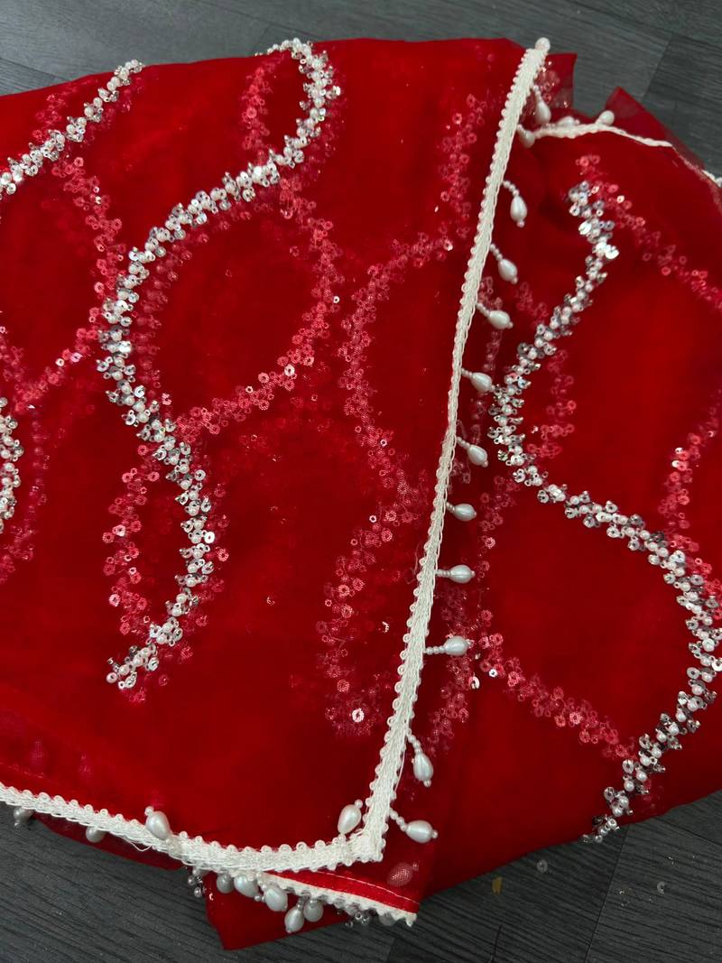 Red designer net saree with beads, sequins & pearl embroidery