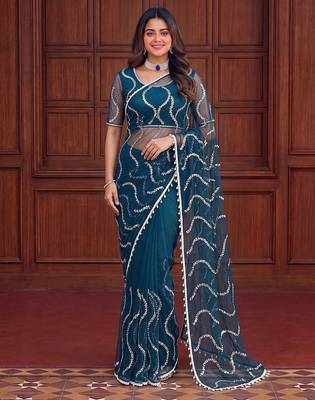 Teal designer net saree with beads, sequins & pearl embroidery 1