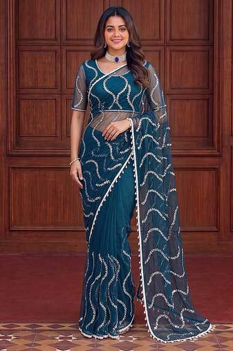 Teal designer net saree with beads, sequins & pearl embroidery
