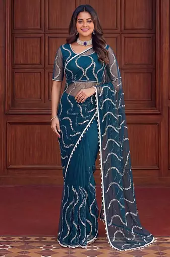 Teal designer net saree with beads, sequins & pearl embroidery