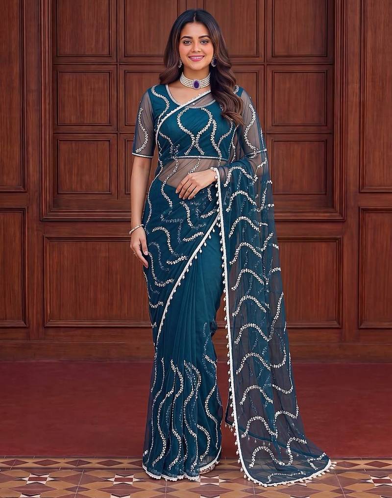Teal designer net saree with beads, sequins & pearl embroidery