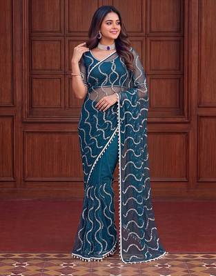 Teal designer net saree with beads, sequins & pearl embroidery 2