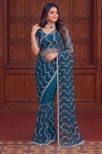 Teal designer net saree with beads, sequins & pearl embroidery