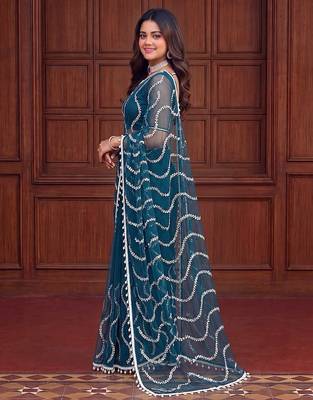 Teal designer net saree with beads, sequins & pearl embroidery 3