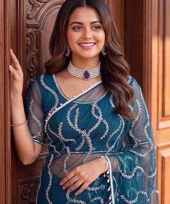 Teal designer net saree with beads, sequins & pearl embroidery 4