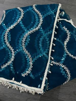 Teal designer net saree with beads, sequins & pearl embroidery 5