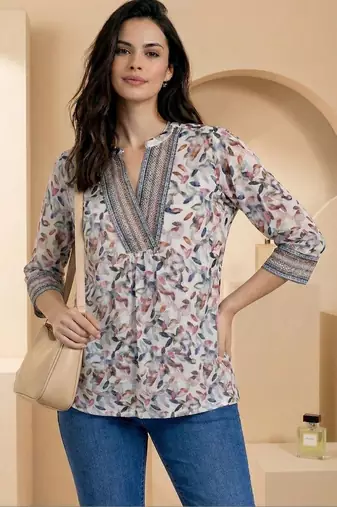 Floral Print Mandarin Collar Top