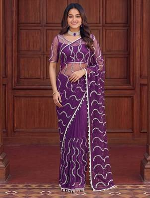 Purple designer net saree with beads, sequins & pearl embroidery 1