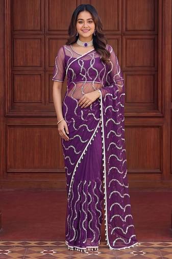 Purple designer net saree with beads, sequins & pearl embroidery