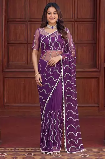 Purple designer net saree with beads, sequins & pearl embroidery