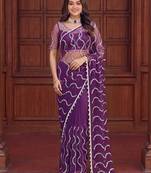 Purple designer net saree with beads, sequins & pearl embroidery