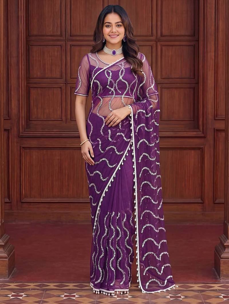Purple designer net saree with beads, sequins & pearl embroidery
