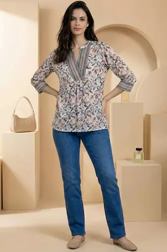 Floral Print Mandarin Collar Top