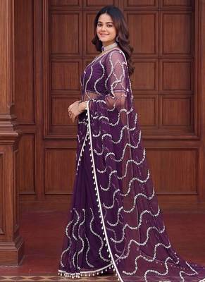 Purple designer net saree with beads, sequins & pearl embroidery 2