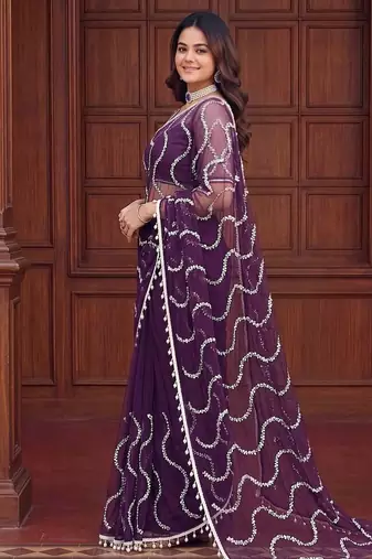 Purple designer net saree with beads, sequins & pearl embroidery