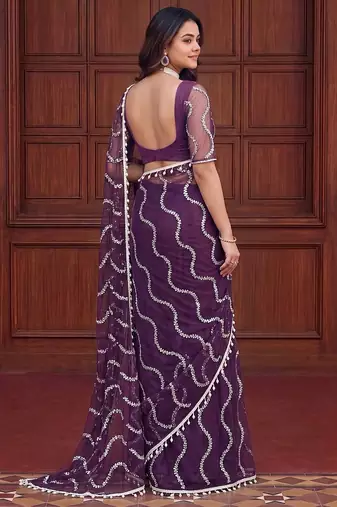 Purple designer net saree with beads, sequins & pearl embroidery