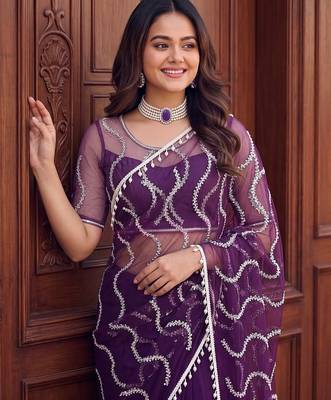 Purple designer net saree with beads, sequins & pearl embroidery 4