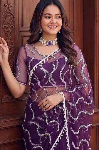 Purple designer net saree with beads, sequins & pearl embroidery
