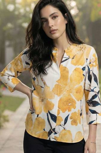 Floral Print Mandarin Collar Top