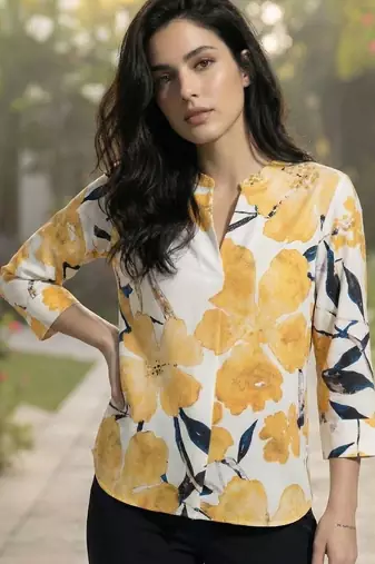 Floral Print Mandarin Collar Top