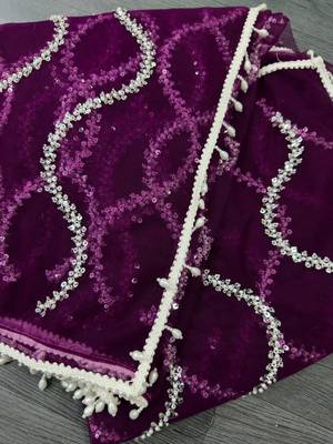 Purple designer net saree with beads, sequins & pearl embroidery 5