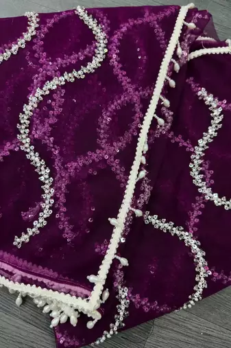 Purple designer net saree with beads, sequins & pearl embroidery