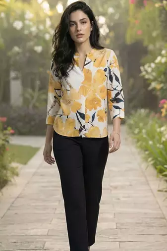 Floral Print Mandarin Collar Top