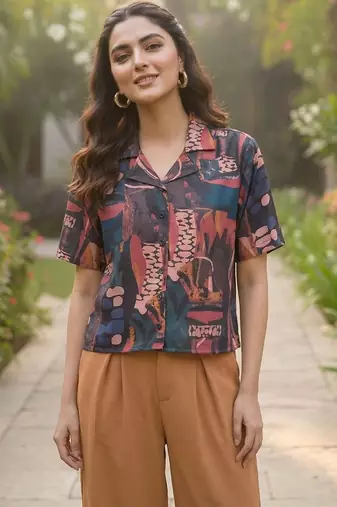 Print Monochrome Satin Shirt Style Top