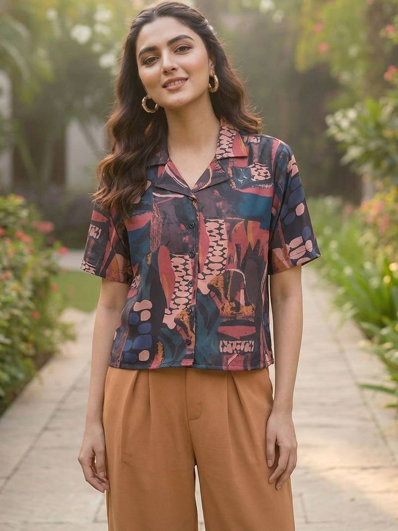 Print Monochrome Satin Shirt Style Top