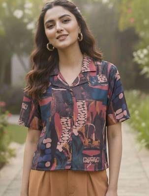 Print Monochrome Satin Shirt Style Top 2