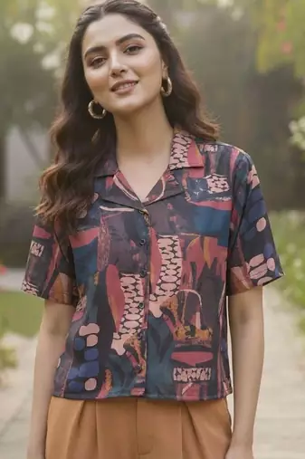 Print Monochrome Satin Shirt Style Top