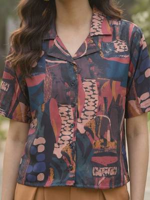 Print Monochrome Satin Shirt Style Top 3