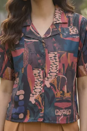 Print Monochrome Satin Shirt Style Top