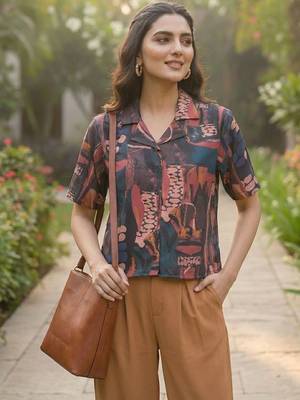 Print Monochrome Satin Shirt Style Top 4