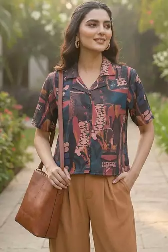 Print Monochrome Satin Shirt Style Top
